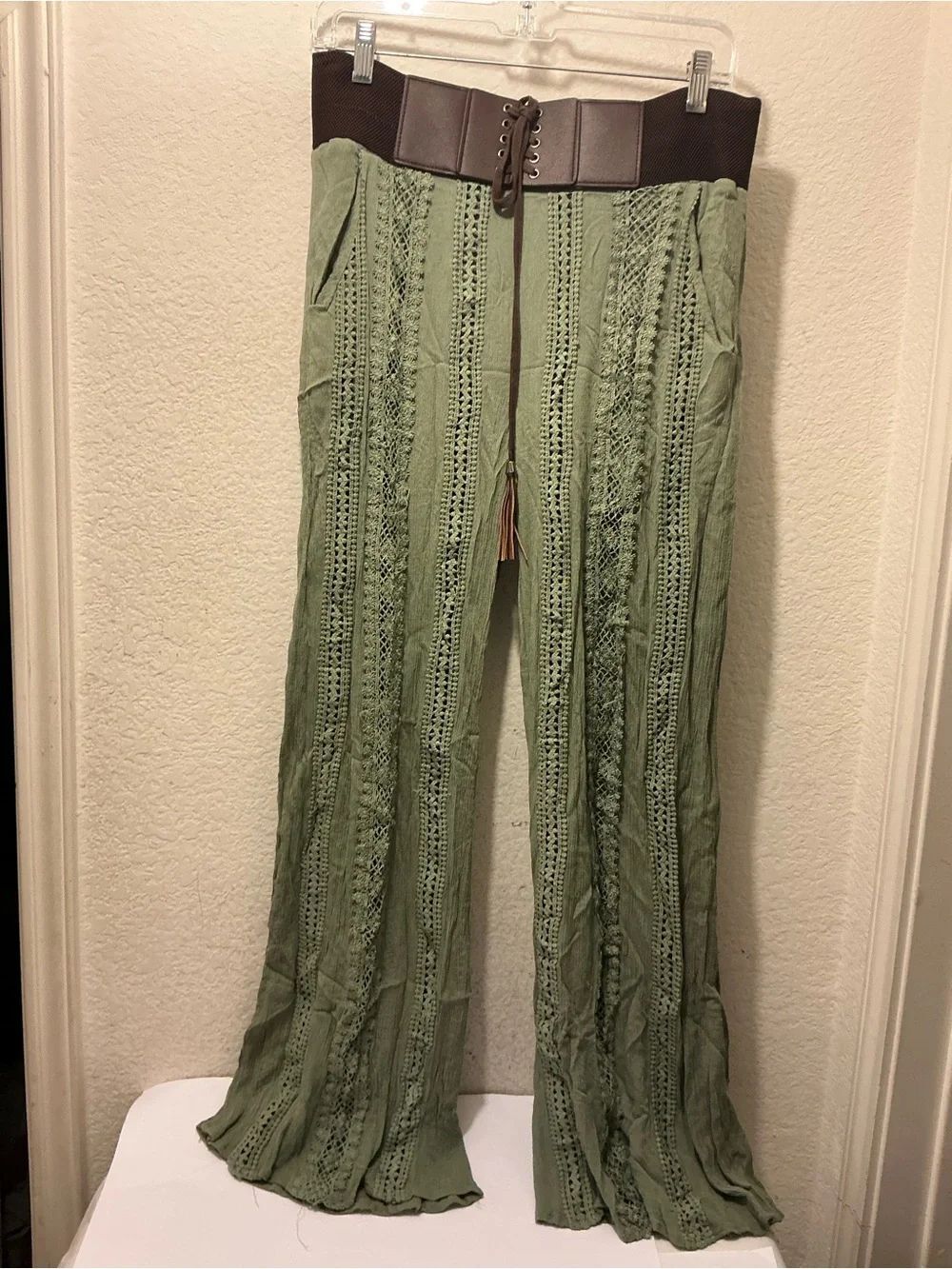 Altar'd State Sage Green Crochet-Panel Top
